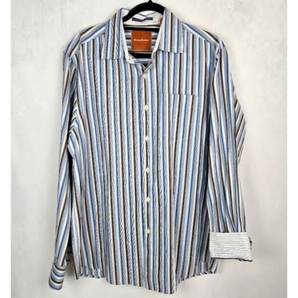 Tommy Bahama Mens Striped Long Sleeve Button Down Shirt Blue Brown White Size XL
